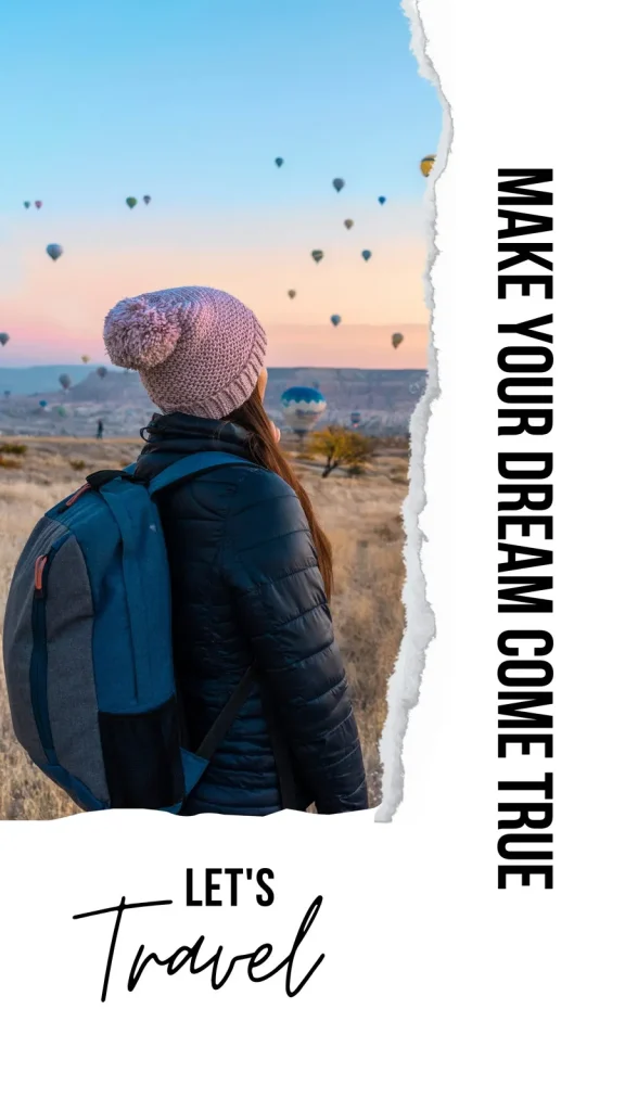 Traveler with backpack watching hot air balloons at sunrise, inspirational travel moment