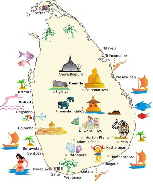 Illustrated tourist map of Sri Lanka highlighting major attractions and destinations